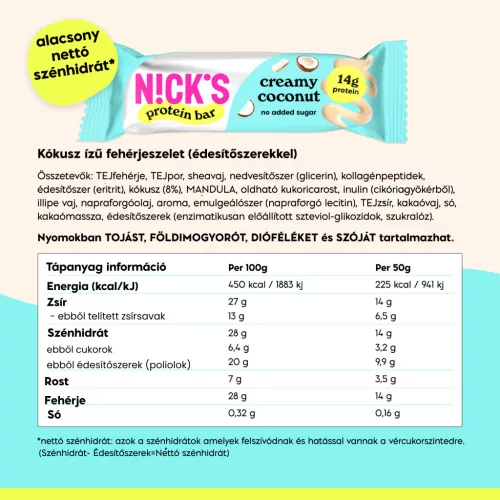 Nick's Creamy Coconut protein szelet 50g 